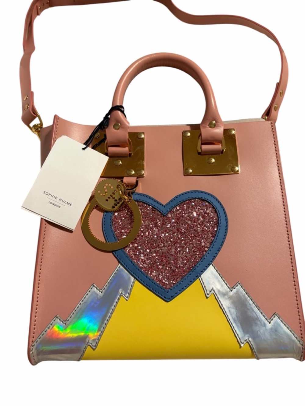 Sophie Hulme Albion Mini Tote Pink Heart Glitter Leather Crossbody NWT
